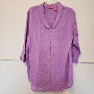 Woman Within Blouse Front Full Button Tunic Womens Sz 1X 22 24 Lilac 3/4 Sleeve